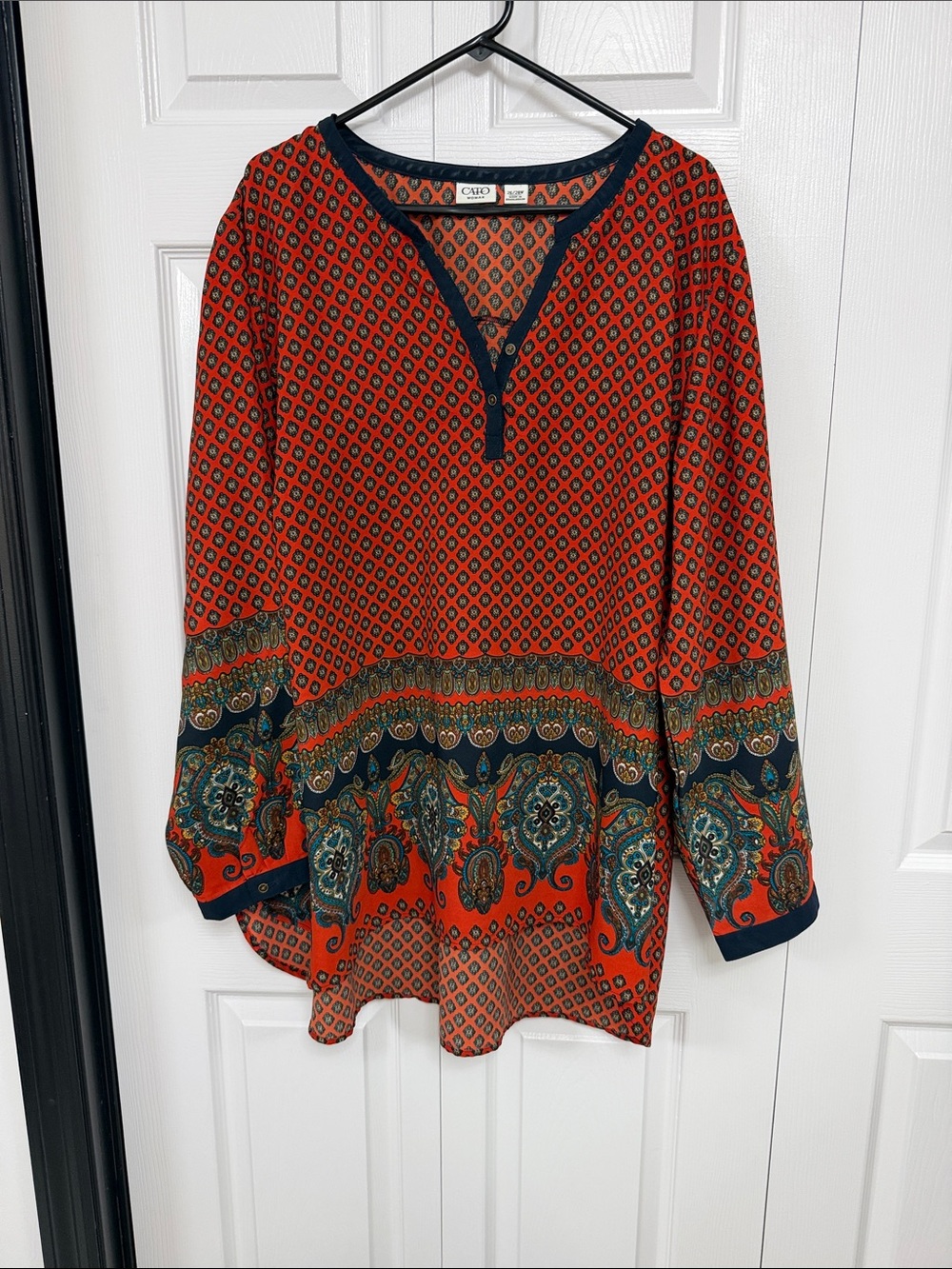 Cato Red and Navy Paisley-Trim Henley Top